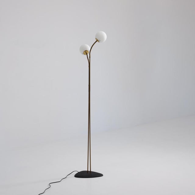 Brass Floor Lamp with Adjustable Arms and Opaline Glass Globes, 1950s For Sale - Image 9 of 9