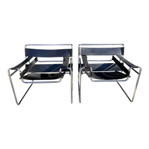 20th Century Wassily Style Black Leather and Chrome Lounge Chairs