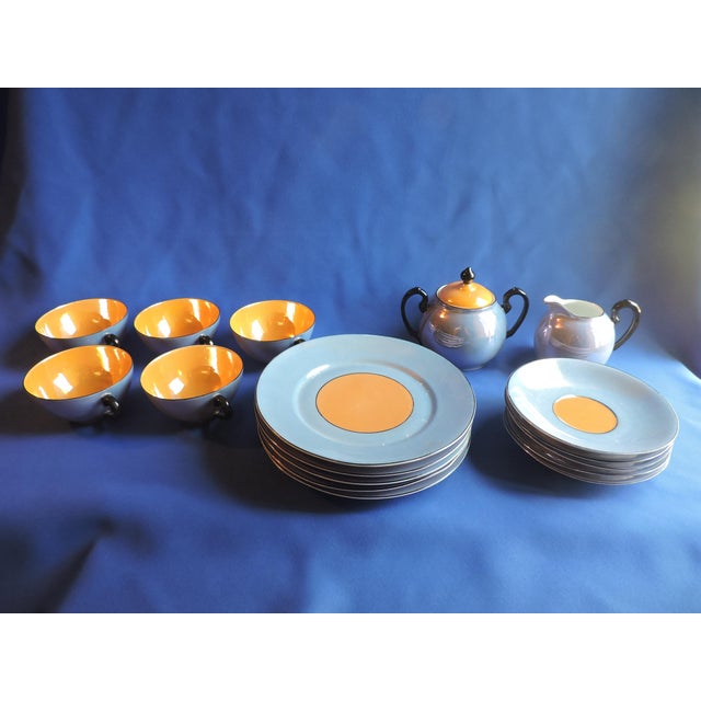 Circa 1930's Bavarian German Porcelain Lusterware 17 Piece Tea Set Blue