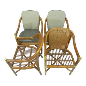 McGuire Hollywood Regency Organic Modern Bamboo Rattan Club Chair, 2022 Sunbrella Maker's Collection Fabrics - Set of 4