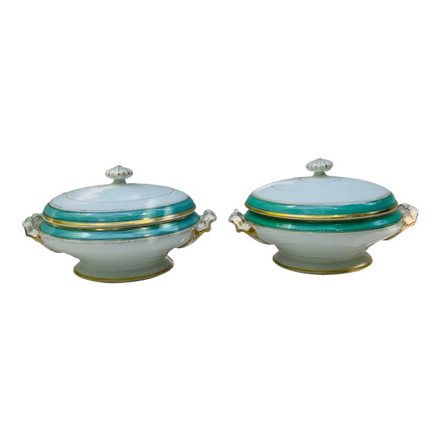 Pair of Mid 19th Century French Porcelain Tureens W/ Turquoise Trim For Sale