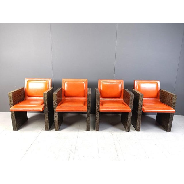 Vintage French Leather Armchairs by Maison Vandamme, 1970s, Set of 4 For Sale - Image 3 of 13