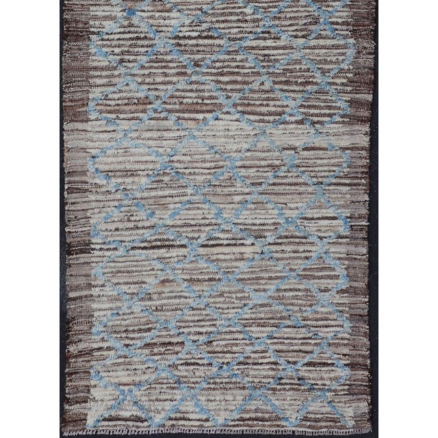 Modern Runner in All-Over Design in Cream, Sky Blue Color on a Brown Background For Sale - Image 4 of 13
