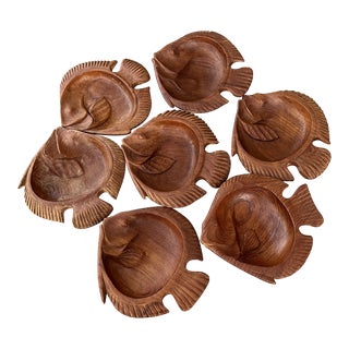1960s Wood Carved Fish Bowls- Set of 7 For Sale