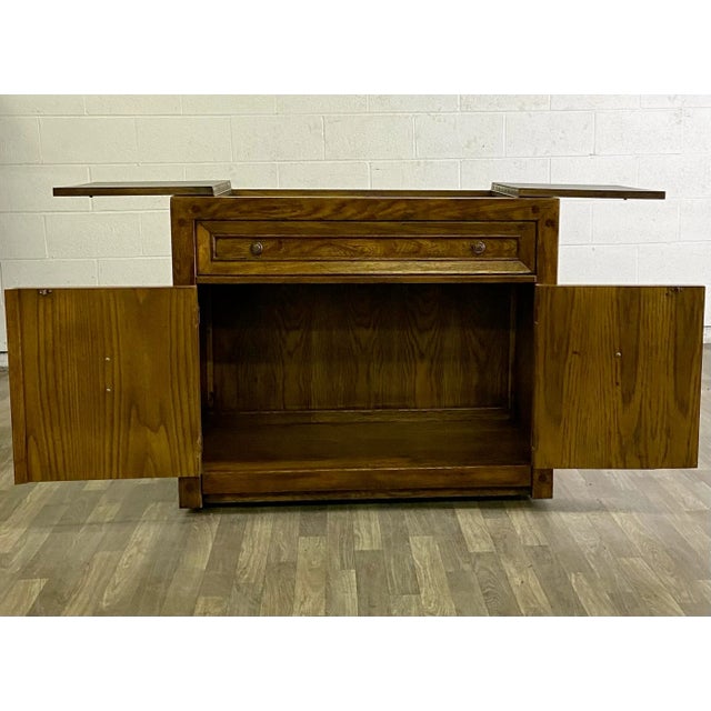 American of Martinsville Vintage Campaign Style American of Martinsville Flip Top Rolling Server Dry Bar For Sale - Image 4 of 13