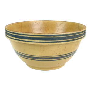 Antique 1900's Large American Stoneware Mixing Bowl With Blue Bands