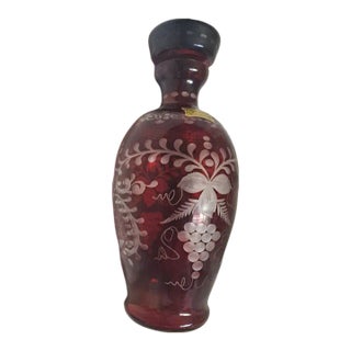 Vintage Egermann Czech Republic Large Lidded Etched Grapes Rare Ruby Red Decanter For Sale