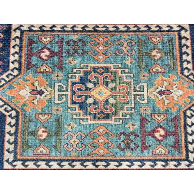 Wood Blue Rug Print Fabric Upholstered Bench For Sale - Image 7 of 9