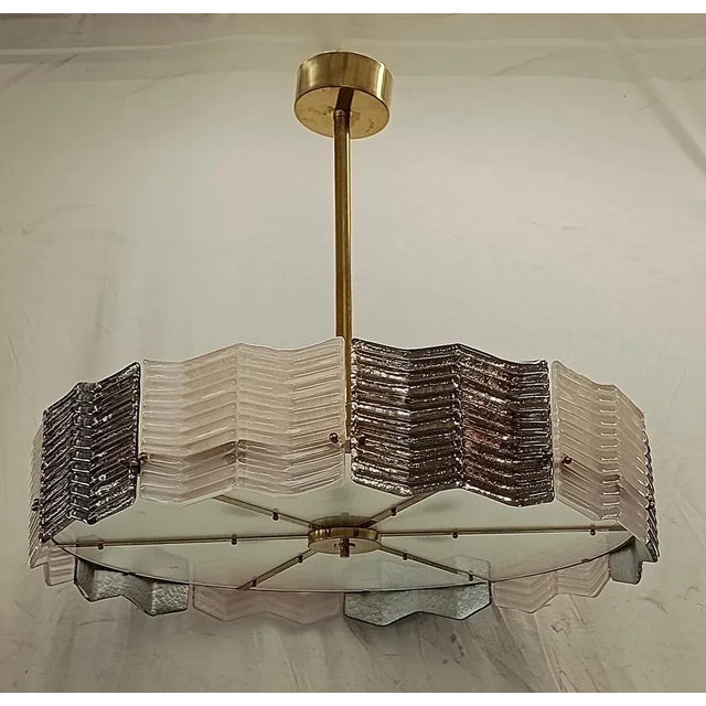 Metal Mid-Century Style Round Murano Art Glass and Brass Pendant Light, 2000s For Sale - Image 7 of 10