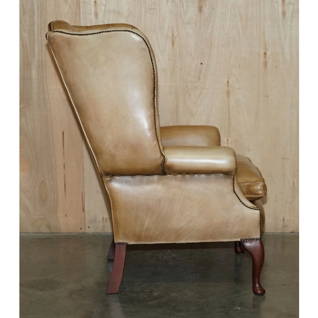 Pair of Vintage Tan Brown Leather Chesterfield Wingback Chairs With Footstools For Sale - Image 11 of 18
