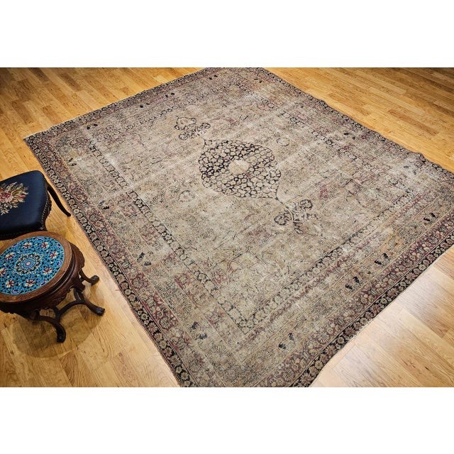 19th Century Persian Kerman Lavar Rug, Hand-Knotted Wool, Floral Pattern, Ivory & Black, 9x10 For Sale In Chicago - Image 6 of 18
