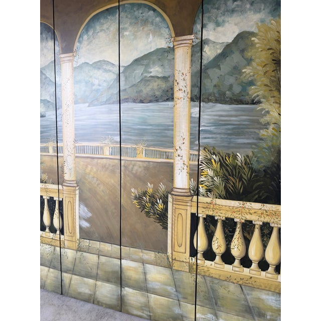 Wood Vintage Hand-Painted Four-Panel Folding Screen – Architectural Landscape Room Divider For Sale - Image 7 of 12