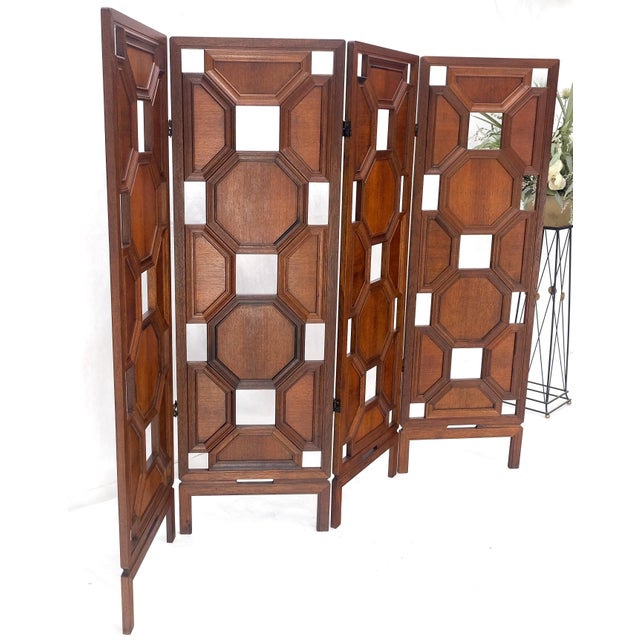 Mid-Century Modern 4 Panel Honey Comb Checker Board Style Carved Teak Screen Room Divider For Sale - Image 3 of 7