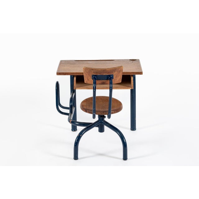 Vintage Antique Wood & Metal Child’s School Desk and Chair in the Style of Jean Prouvé For Sale In Detroit - Image 6 of 14