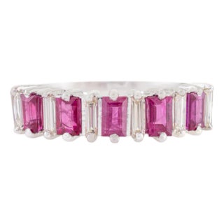 Prong Set Alternating Ruby & Diamond Baguette Band Ring Size 6.5 in 14k White Gold For Sale