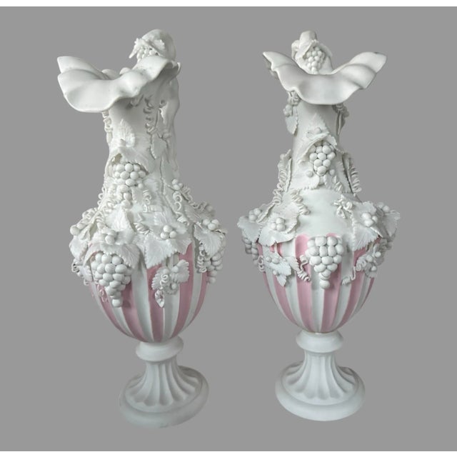 Pair of Antique Parian Bisque Porcelain Grape & Leaf Decorated Ewers For Sale - Image 9 of 12