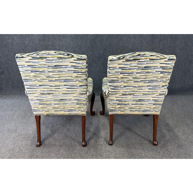 Baker Furniture Company Late 20th Century Pair of Baker Furniture Attributed Stately Homes Gainsborough Arm Chairs in Green & Blue For Sale - Image 4 of 11