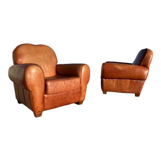French Art Deco Style Mustache Leather Club Chairs - a Pair For Sale