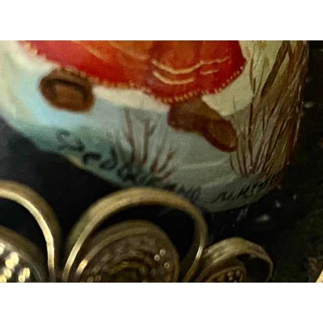 Folk Art Vintage Fedoskino Russian Triptych Brass Filigree With Lacquer Egg Shape With Father Frost and the Snow Maiden Signed M. Izotova. For Sale - Image 3 of 15