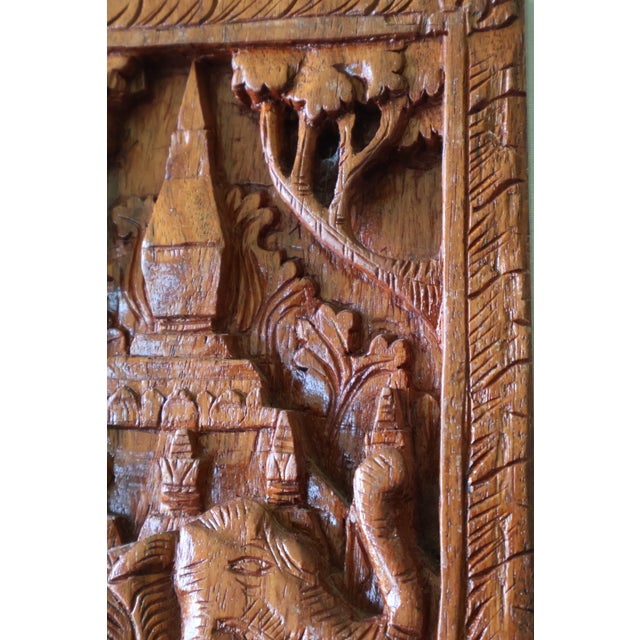 Vintage Southeast Asian Carved Teak Elephant & Temple Relief on Silk For Sale - Image 9 of 16