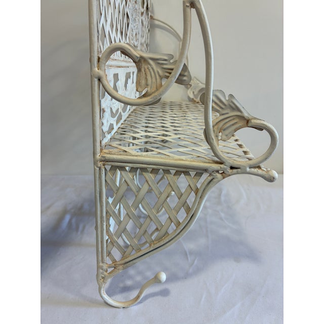 Vintage White Wrought Iron Wall Shelf With Hooks, Ornate Lattice and Floral Detail For Sale - Image 12 of 14
