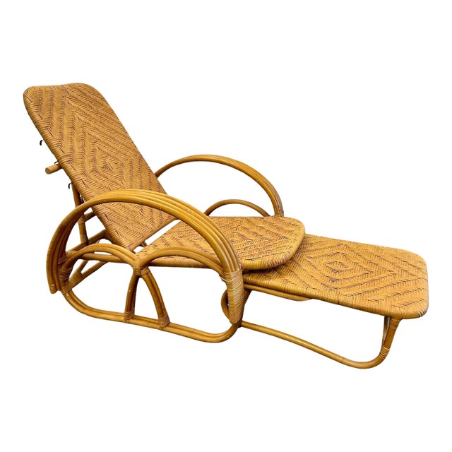 Vintage Boho Coastal Three Strand Banded Bamboo & Rattan Adjustable Reclining Chaise Lounge Chair With Pull-Out Ottoman For Sale