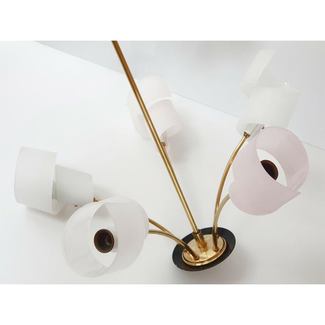Mid-Century Modern Vintage Brass and Plastic 5-Arm Chandelier, 1950s For Sale - Image 3 of 10