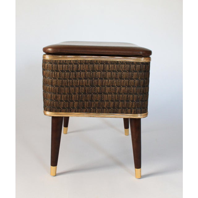 Mid-Century Sewing Basket Stool With Tapered Wooden Legs For Sale - Image 4 of 15