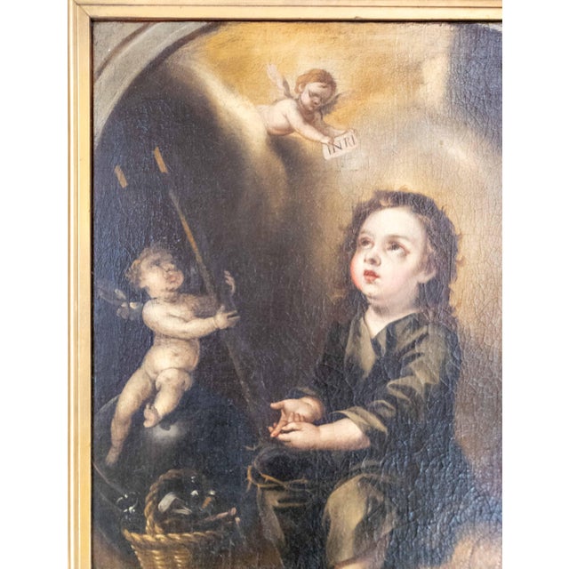 Brown 17/18th C. Spanish School Painting of Boy With Passion Attributes, Follower of Bartolomeo Esteban Murillo For Sale - Image 8 of 18