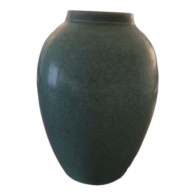 Vintage Signed Arts & Crafts Style Matte Green Speckled Ceramic Ovoid Vase For Sale
