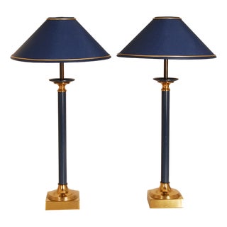 Modern Gold and Blue Table Lamps from Maison Jansen, 1970s, Set of 2 For Sale