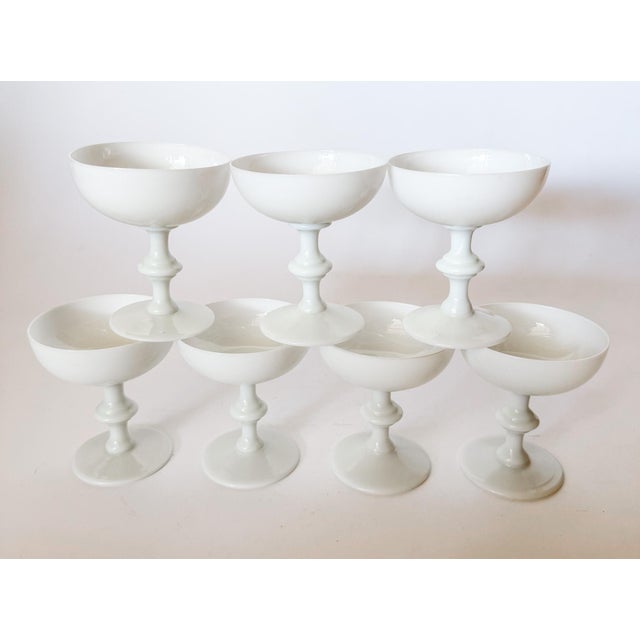 Glass Vintage Portieux Vallerysthal French White Opaline Coupes, Set of 7 For Sale - Image 7 of 12