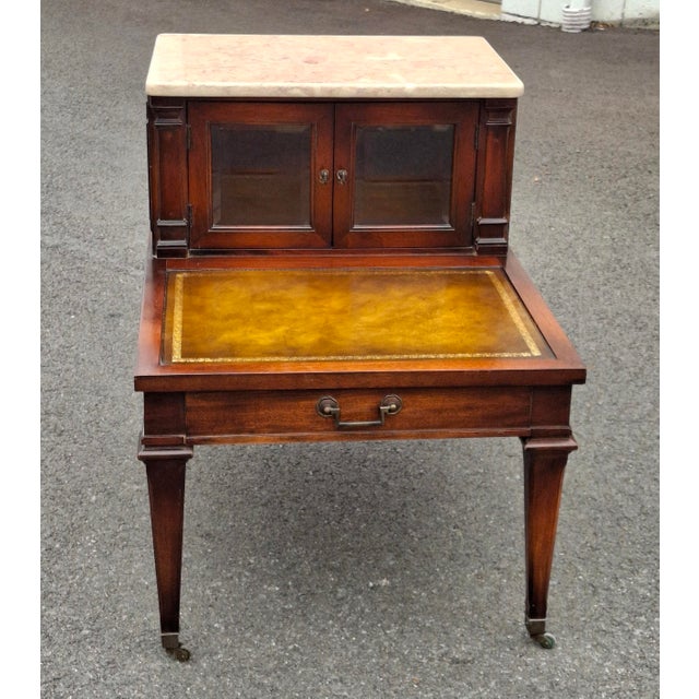 Mid 20th Century Mid 20th Century Regency Mahogany Marble and Stenciled Leather Top Side Table Attributed to Weiman For Sale - Image 5 of 16