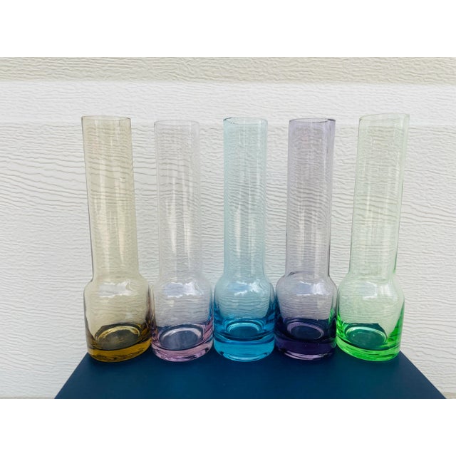 Set of five beautiful vintage mid century modern blown glass bud vases. Great colored class and small design, perfect for...
