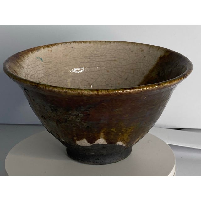 Shabby Chic Crackle Glaze Studio Art Pottery High Wall Bowl Signed Gail Jones For Sale - Image 3 of 10