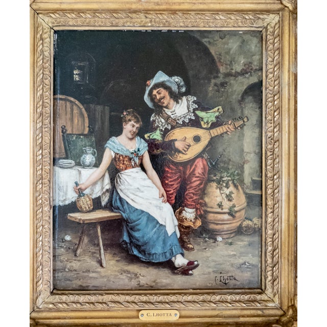 We are selling this 19th C. Continental European painting. This painting features a cavalier musician courting a barmaid...