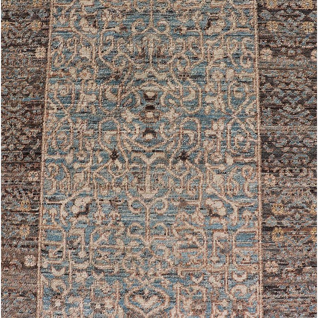 Elegant Modern Ottoman-Style Runner With Intricate Patterns in Blues and Browns 3'5" X 10'7" For Sale In Atlanta - Image 6 of 11