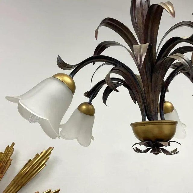 Large Florentine Style Metal Slender Leaves Chandelier, Italy, 1980s For Sale - Image 6 of 9