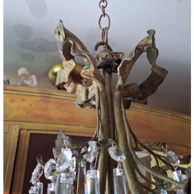 Verdigris 1940s Hollywood Regency Gilt & Verdigris Bronze/ Tole/ Crystal Pendant Chandelier For Sale - Image 8 of 12