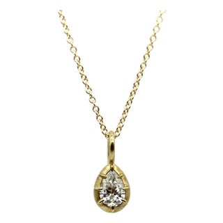1990s 18k Gold Pear-Shaped Diamond in Collett Setting on a 16” Chain For Sale