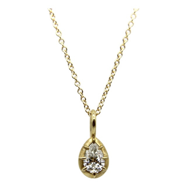 1990s 18k Gold Pear-Shaped Diamond in Collett Setting on a 16” Chain For Sale