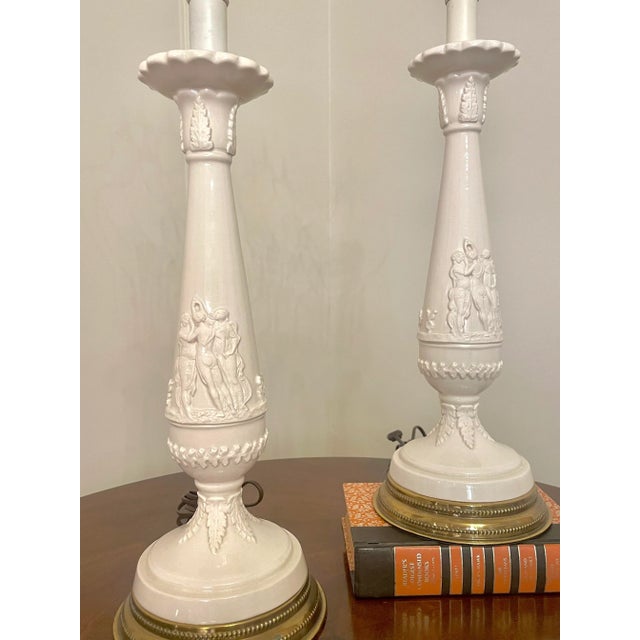 French Provincial A Pair of Neoclassical Revival Porcelain, Ceramic & Bras Table Lamps For Sale - Image 3 of 12