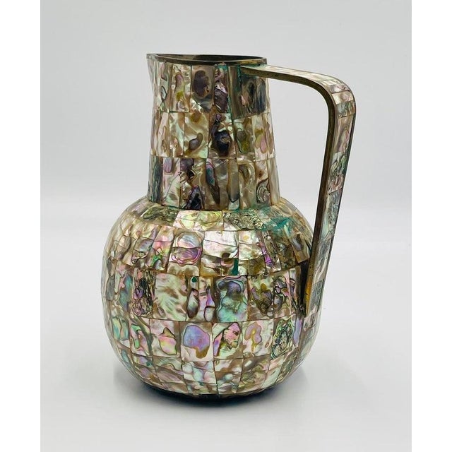 1960s Mexican Brass and Abalone Shell Pitcher Set With Tray and Eight Cups - 10 pcs For Sale - Image 9 of 18