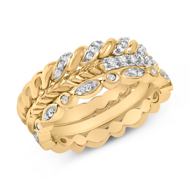 Contemporary 14K Yellow Gold Plated Sterling Silver 1/4 Cttw Diamond Twist Leaf Stackable Ring Set - Size 7 For Sale - Image 3 of 6