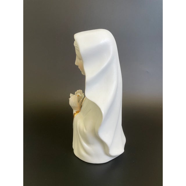 Religious Vintage Gold Gild Bisque Porcelain Madonna Virgin Mary Holding Rose Bust Figurine For Sale - Image 3 of 13