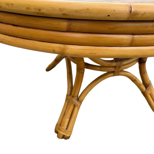 Wood 1950s Restored Round Rattan & Mahogany Dining Table W/ Leaf For Sale - Image 7 of 12