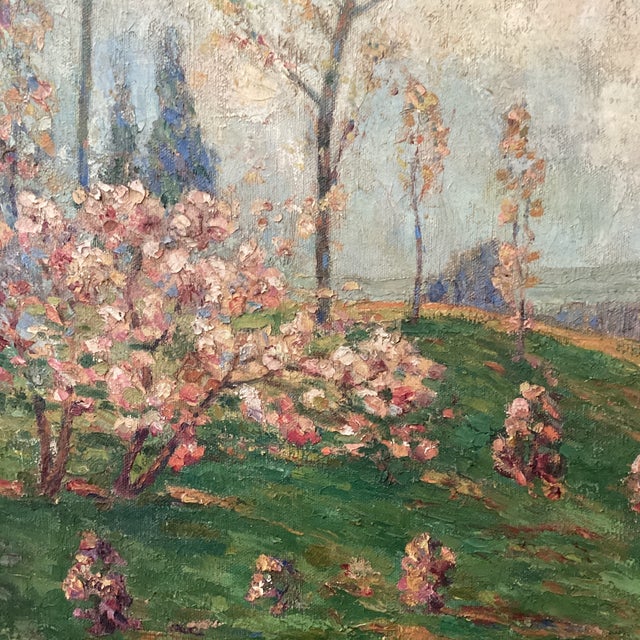Light Pink Impressionistic French Landscape Painting on Canvas" Blooming Trees" Signed Framed Circa 1934 For Sale - Image 8 of 12