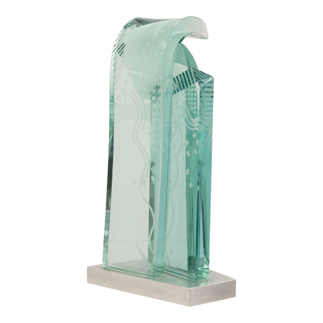 John Gilbert Luebtow Signed Abstract Postmodern Glass Sculpture on Metal Base For Sale