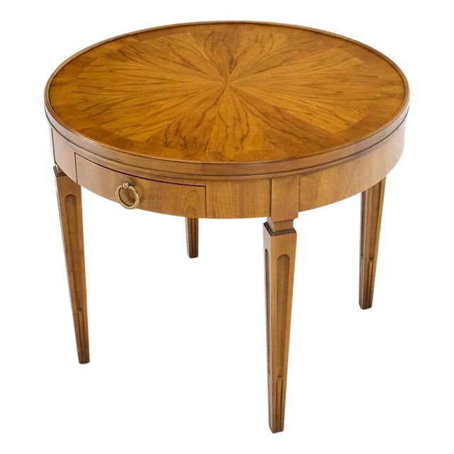 Mid 20th Century Baker Walnut Round Sunburst Pattern Gallery Top Drawer Side Lamp Table Stand For Sale