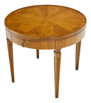 Mid 20th Century Baker Walnut Round Sunburst Pattern Gallery Top Drawer Side Lamp Table Stand